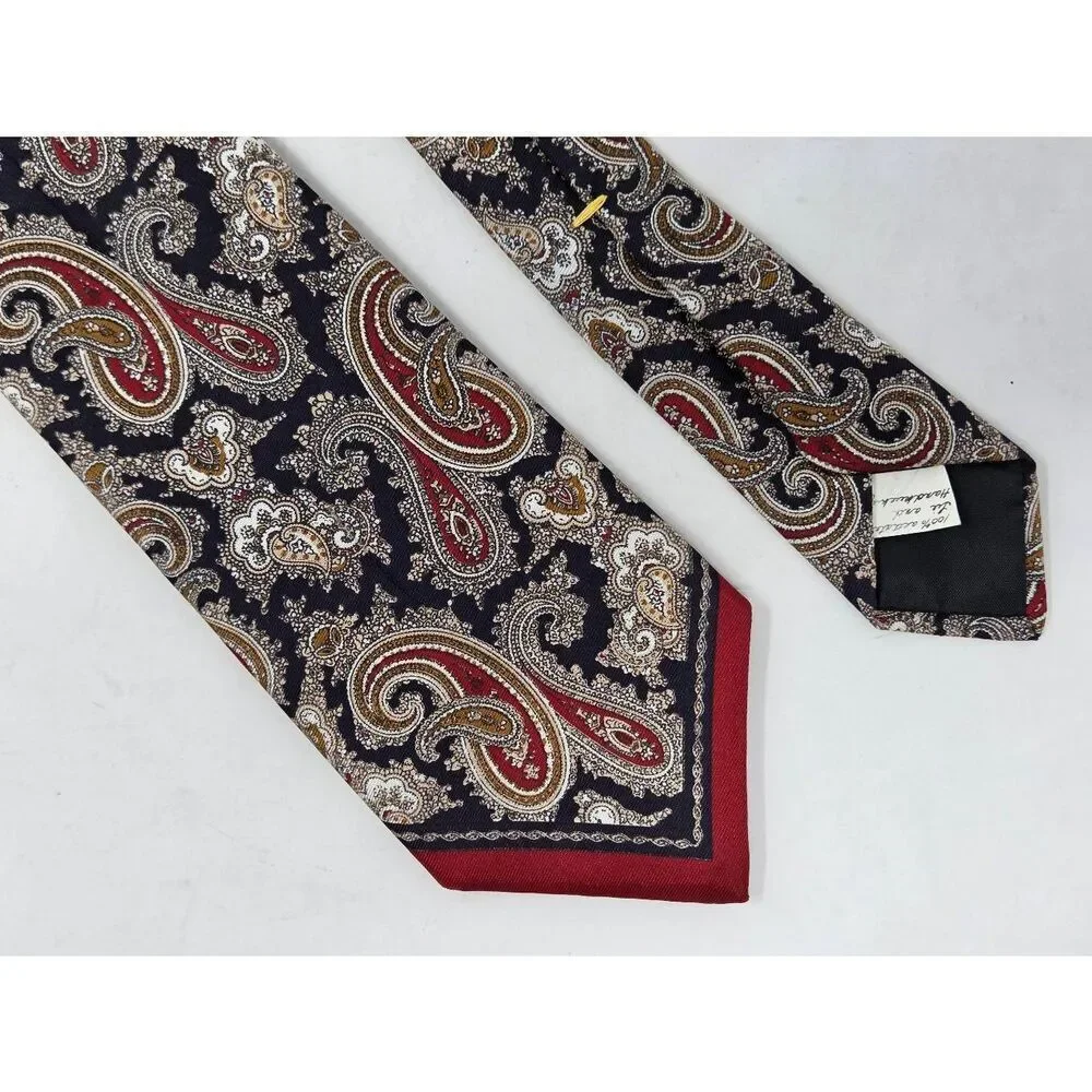 OSCAR DE LA RENTA ACETATE TIE RED BLACK GOLD PAISLEY SATIN 3.25